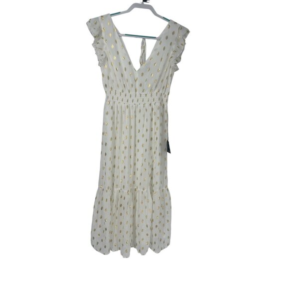 ✨ NWT Lulus White Gold Polka Dot Ruffle Tiered Midi Dress S ✨ - Picture 3 of 8